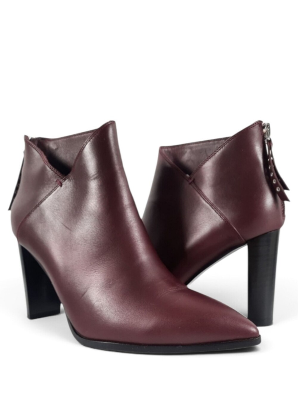 PAIGE Asymmetrical V Cut Leather Pointed Ankle Boot Bootie Heeled Zip Studded 8